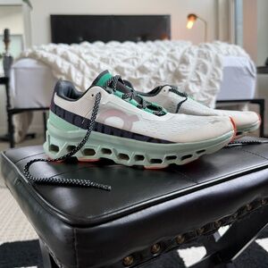 On Running White Mint Green Athletic Shoes with Black and Coral Accents